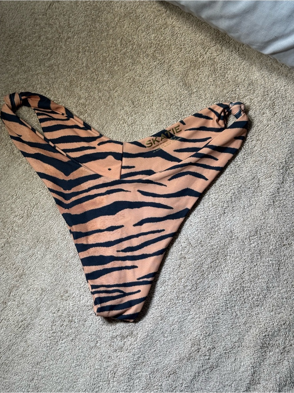 Skatie Tiger Stripe Cheeky Swimsuit Bottoms in Tan and Black